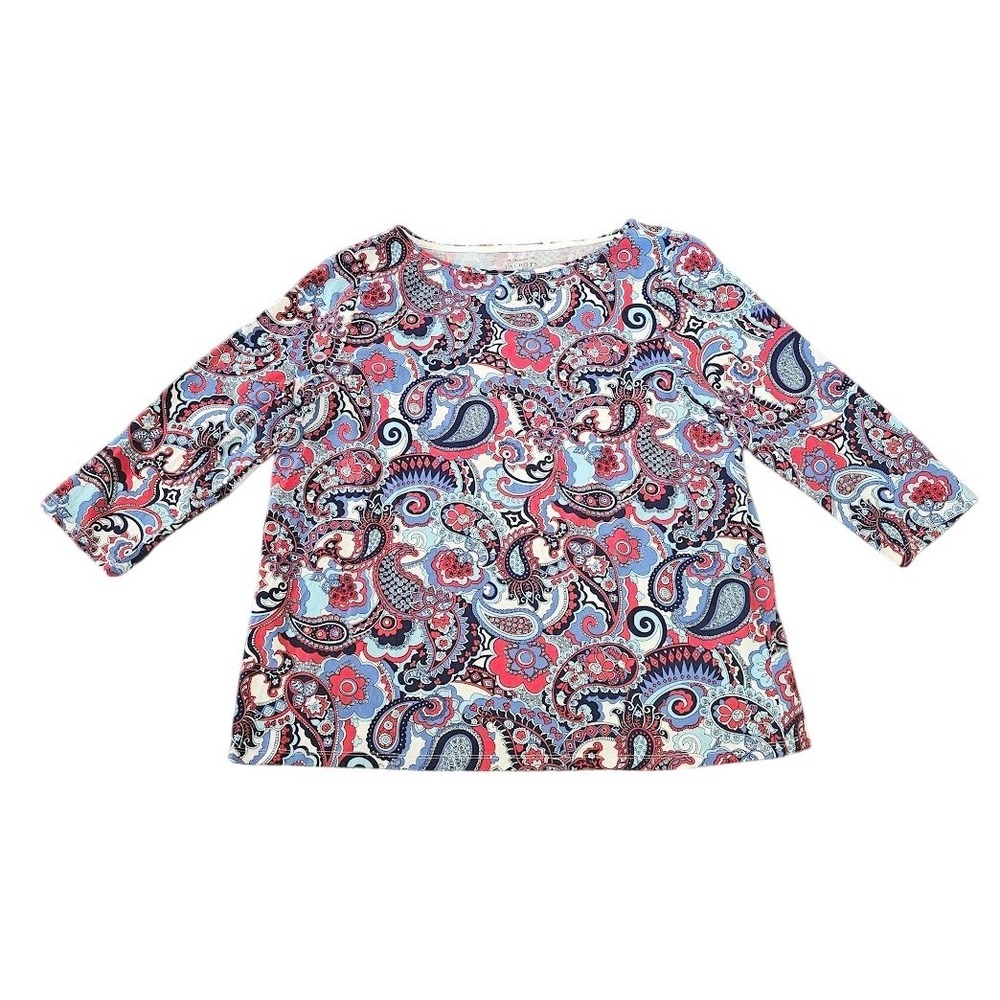 The Talbots Tee Plus 2X Paisley Floral Boat Neck Cotton Blend Blue Red Top